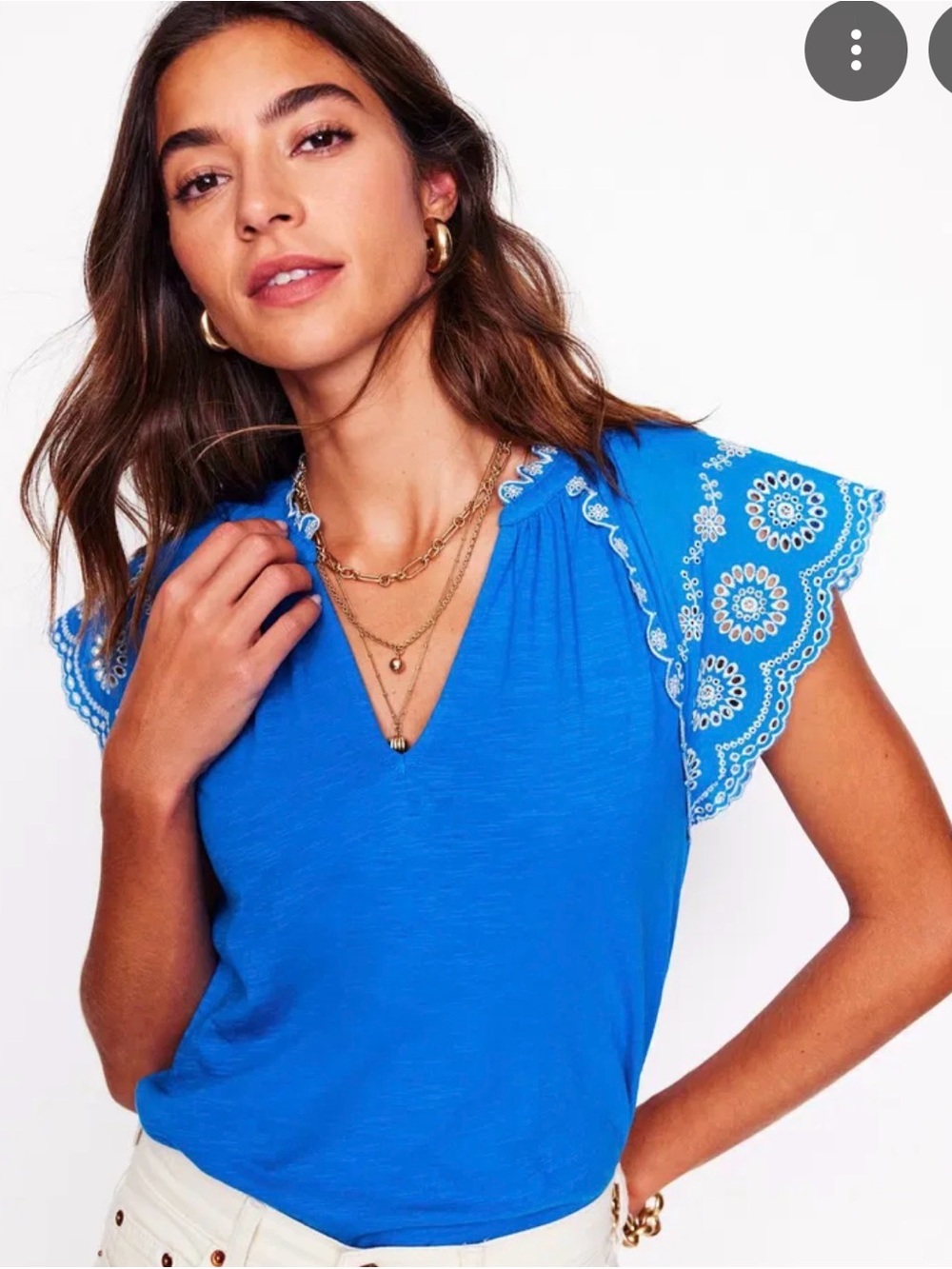Boden Royal Blue Eyelet Flutter Sleeve V-Neck Top